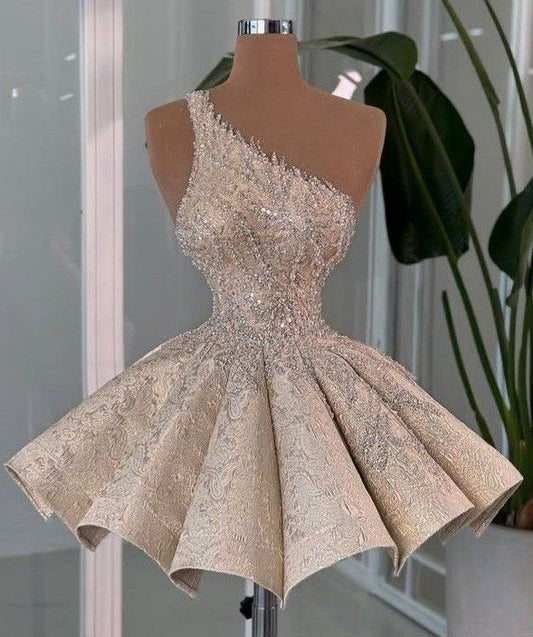 Champagne color asymmetric neckline diamond waist slim princess dress homecoming dress R3543