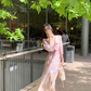 Pink chiffon printed dress for women summer new beautiful slit waist niche long skirt R4263