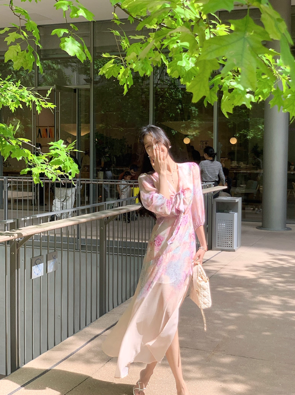 Pink chiffon printed dress for women summer new beautiful slit waist niche long skirt R4263