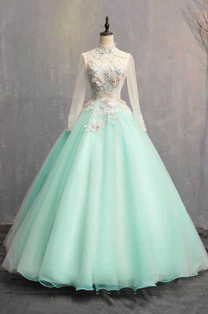 French Chic Mint Green A-Line High Collar Applique Corset Maxi Evening Dress Prom Dress RS586