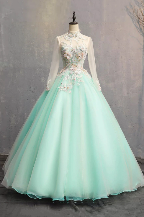 French Chic Mint Green A-Line High Collar Applique Corset Maxi Evening Dress Prom Dress RS586
