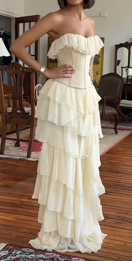 Clean Strapless Ruffled Prom Gown White Women's Corset Maxi Evening Dress Party Dress RS2846