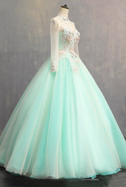 French Chic Mint Green A-Line High Collar Applique Corset Maxi Evening Dress Prom Dress RS586