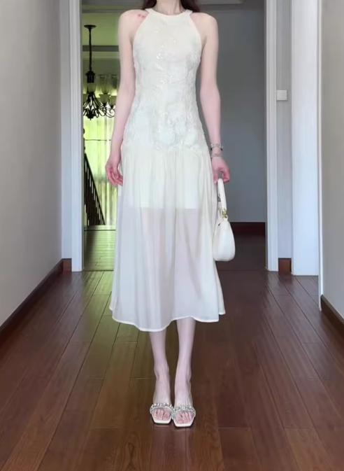 Jacquard sleeveless halter dress cool and gentle temperament waist A-line long skirt R0857