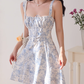 Retro blue and white porcelain print suspender skirt waist tie dress R2851