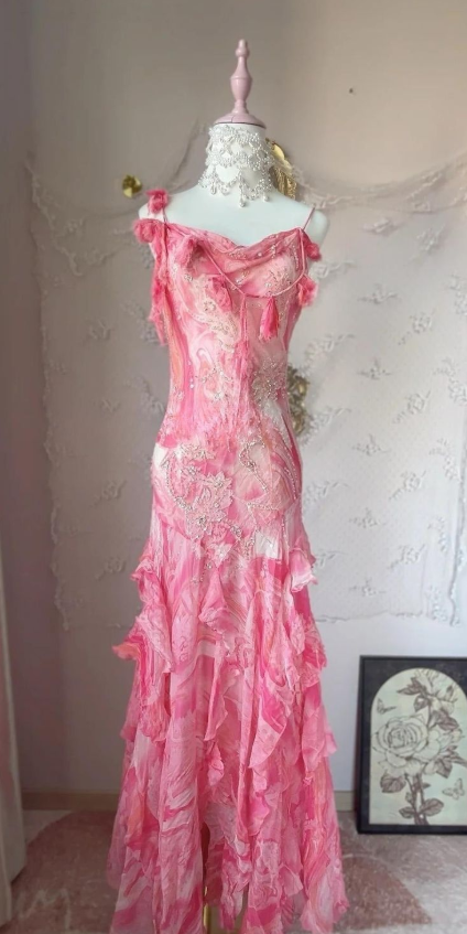 Charming Barbie Pink Prom Dress ,Sheath Spaghetti Straps Embroidery Bodycon Maxi Evening Dress RS907