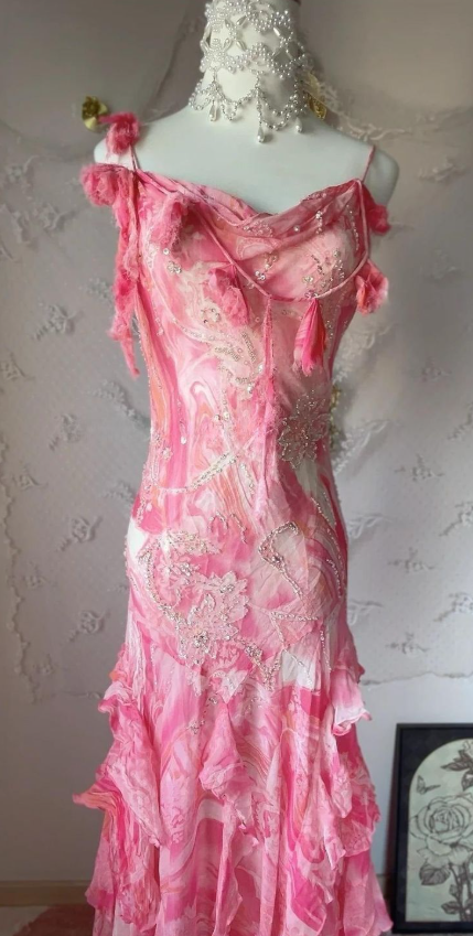 Charming Barbie Pink Prom Dress ,Sheath Spaghetti Straps Embroidery Bodycon Maxi Evening Dress RS907