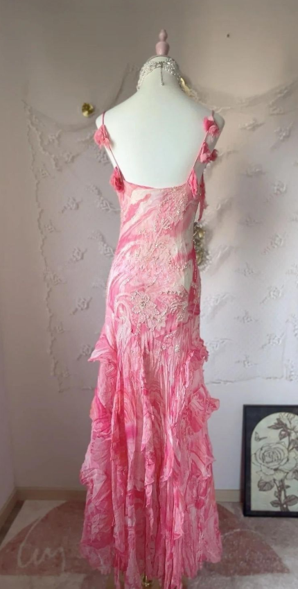Charming Barbie Pink Prom Dress ,Sheath Spaghetti Straps Embroidery Bodycon Maxi Evening Dress RS907