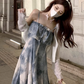 Fairy retro style ruffled one-shoulder sling dress new Chinese style ink-dyed dress R1706