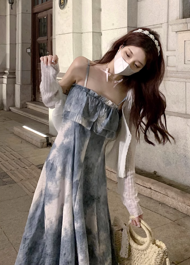 Fairy retro style ruffled one-shoulder sling dress new Chinese style ink-dyed dress R1706