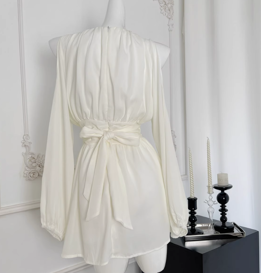 Gentle style halter neck off-shoulder ruffled chiffon dress waist short skirt R2101