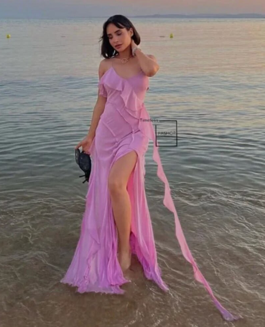 Flowy Purple Prom Dress ,Spaghetti Straps Chiffon High-slit Maxi Summer Dress RS913