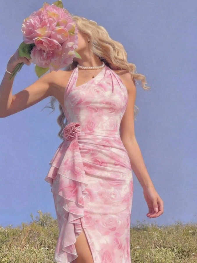 Soft Pink Prom Dress ,Sheath Halter Floral Chiffon Maxi Evening Dress RS914