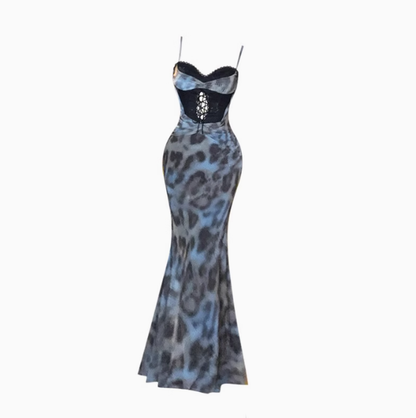 Sexy hot girl lace suspender dress 2025 leopard print waist hip fishtail skirt R1198