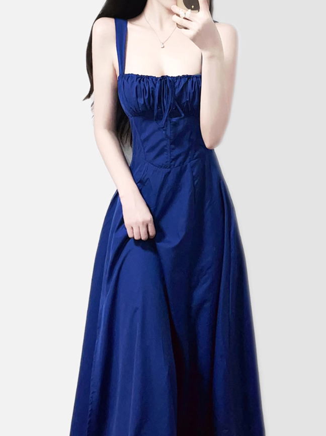 2025 Summer New Blue Slit Sexy Waist Temperament Suspender Dress R0901