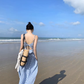 Blue and white plaid backless camisole new high waist swing skirt suit two piece set R0199
