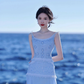 Tea break French temperament floral suspender dress high-end holiday style long dress R1636