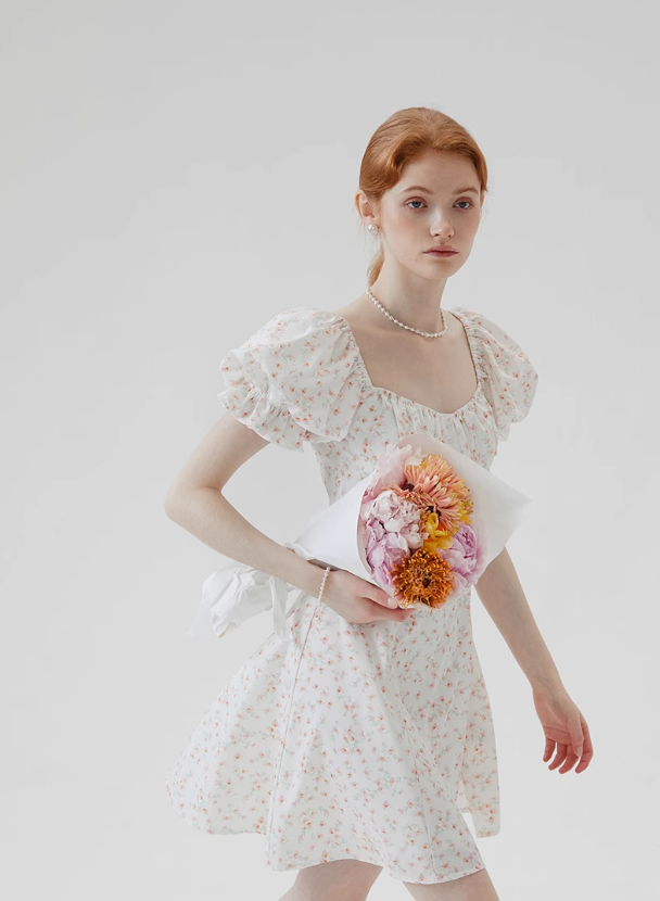 Jasmine French floral dress small fresh sweet puff sleeve short skirt R2763