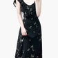 2025 Summer New Black Flying Sleeve Waisted Mid-Length Printed Fishtail Dress R0913