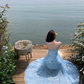 Blue floral suspender dress, elegant waist and hip fishtail skirt R0630