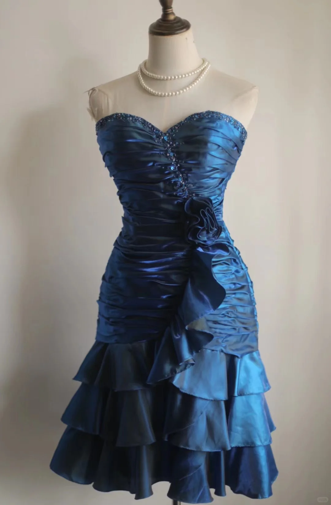 Navy blue tube top waist pleated hip cake skirt short skirt homecoming dress R4147