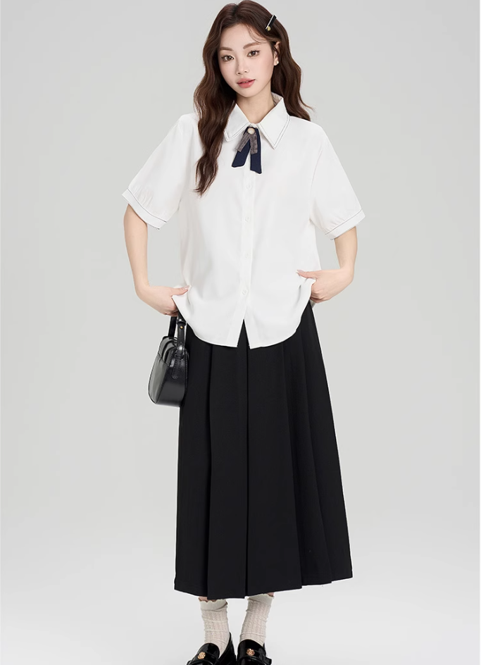 Preppy formal summer designer shirt and skirt suit R2357