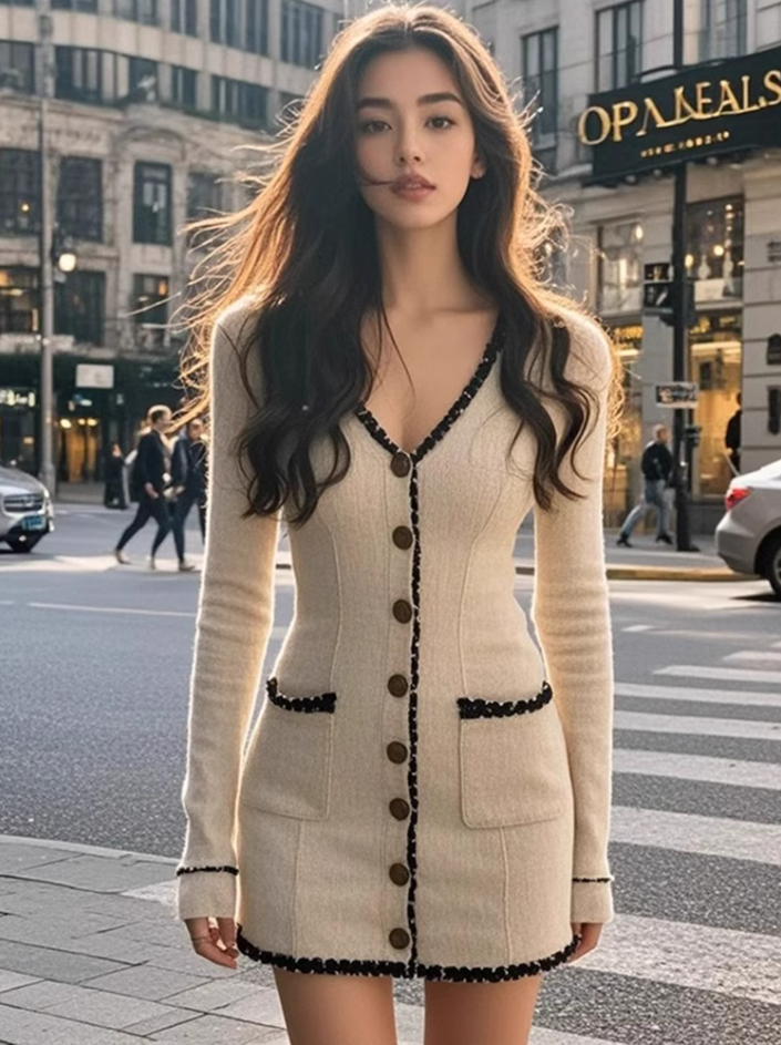 2025 V-neck contrast long-sleeved dress with waist and hip-hugging mini skirt R1091