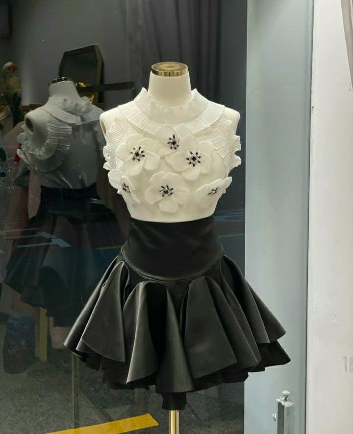 White top and black pleated skirt homecoming dress R2776