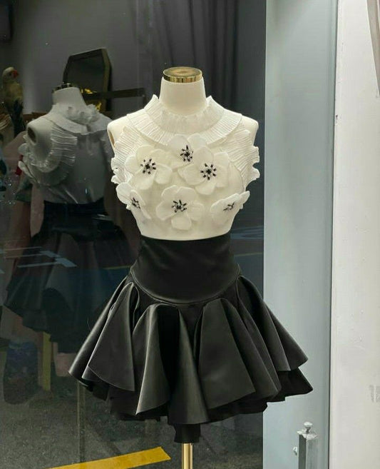 White top and black pleated skirt homecoming dress R2776