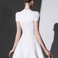 French white satin short-sleeved banquet temperament slim dress dress homecoming dress R2983