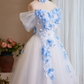 Fresh White A-Line Off-the-shoulder Blue-Applique Corset Mini Evening Dress Homecoming Dress RS581