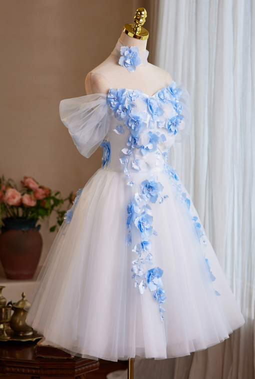 Fresh White A-Line Off-the-shoulder Blue-Applique Corset Mini Evening Dress Homecoming Dress RS581