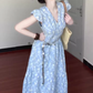 Blue v-neck floral dress with small flying sleeves, beautiful waist A-line beach dress R0781