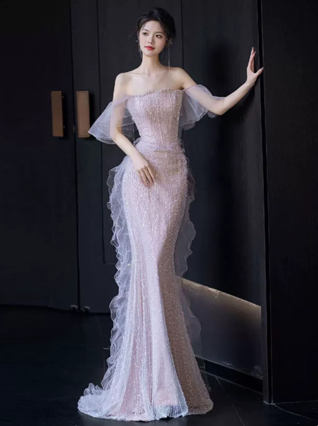 French Chic Champagne Prom Dress ,Mermaid Strapless Beaded Dreamy Evening Dress RS918