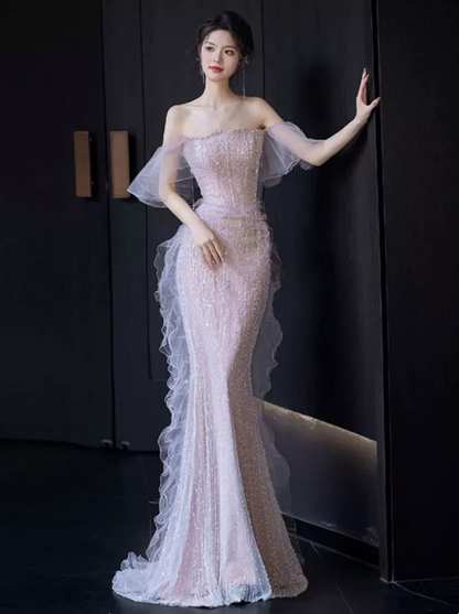 French Chic Champagne Prom Dress ,Mermaid Strapless Beaded Dreamy Evening Dress RS918