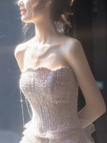 French Chic Champagne Prom Dress ,Mermaid Strapless Beaded Dreamy Evening Dress RS918