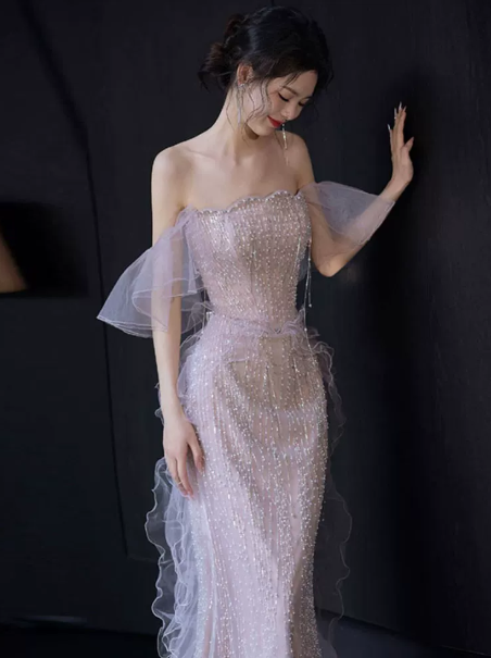 French Chic Champagne Prom Dress ,Mermaid Strapless Beaded Dreamy Evening Dress RS918
