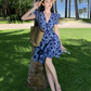 Heavy blue daisy embroidery V-neck dress sweet short skirt French waist lace A-line skirt R0184