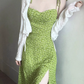 2025 Summer New Green Platycodon Floral Seaside Vacation Wear Suspender Dress R0902