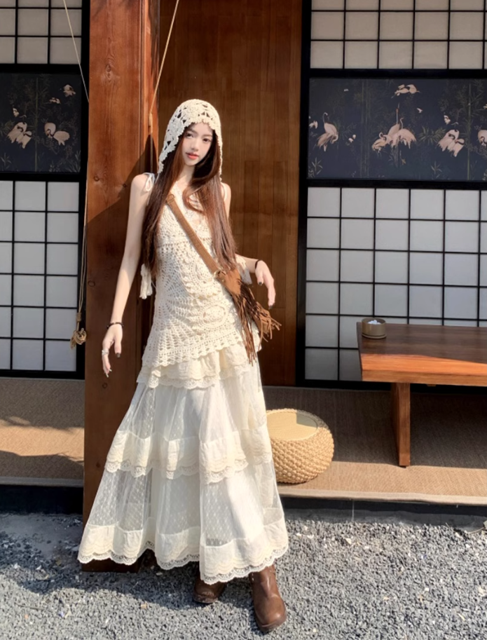 Fairy temperament wear a complete set of lace suspenders knitted vest skirt layered wear R1734