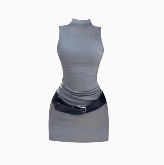 Pure desire style high collar sleeveless knitted dress 2025 elastic slim hip skirt R1104