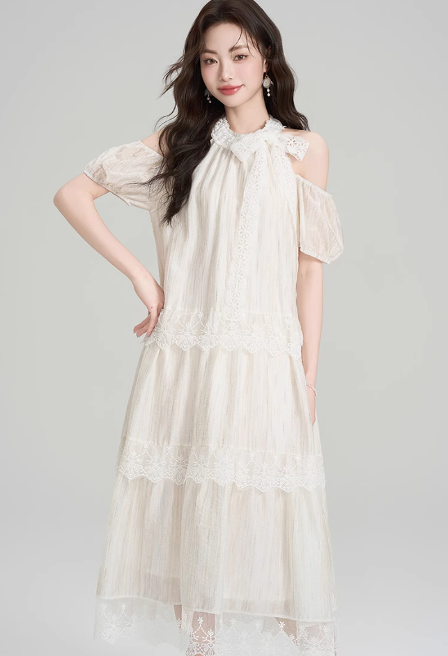 French design lace halter dress holiday style beautiful off-shoulder long dress R2399