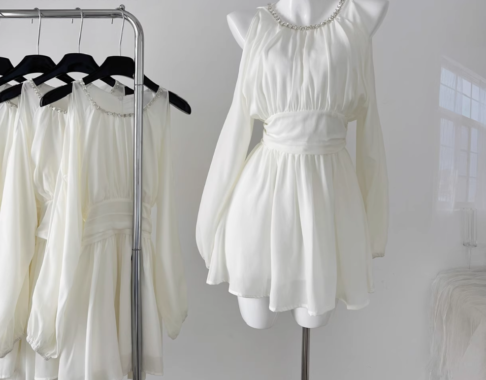 Gentle style halter neck off-shoulder ruffled chiffon dress waist short skirt R2101