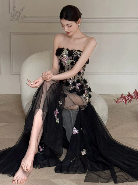 Elegant Black Prom Dress ,Mermaid Strapless Applique Bodycon Maxi Evening Dress RS922