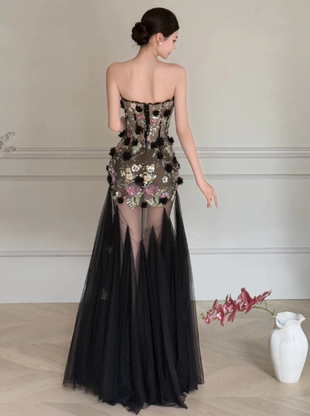 Elegant Black Prom Dress ,Mermaid Strapless Applique Bodycon Maxi Evening Dress RS922