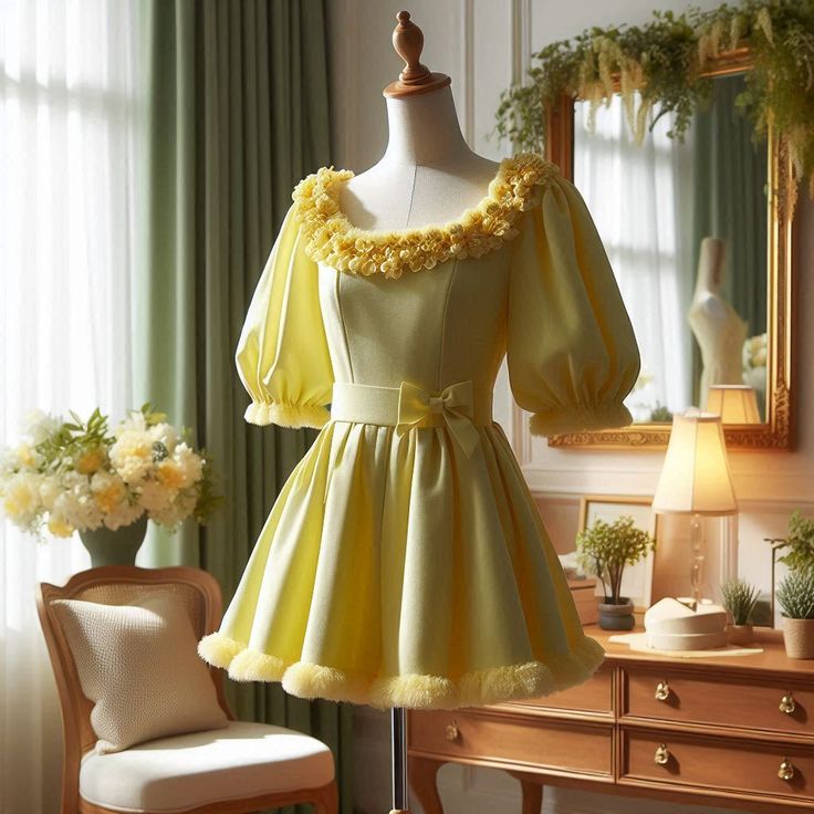 Bright yellow square neck three-dimensional lace slim princess dress homecoming dress R2563