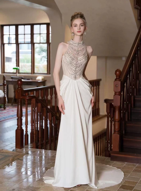 Elegant White Beaded A-Line High Collar Chiffon Corset Maxi Wedding Dress RS924