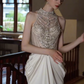 Elegant White Beaded A-Line High Collar Chiffon Corset Maxi Wedding Dress RS924
