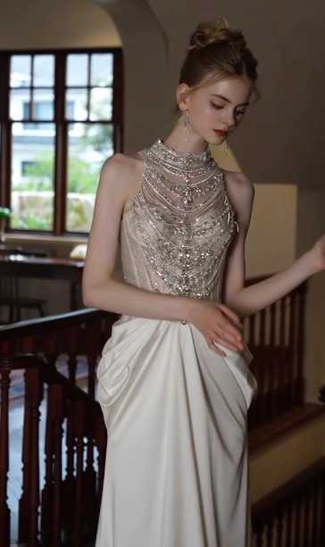 Elegant White Beaded A-Line High Collar Chiffon Corset Maxi Wedding Dress RS924