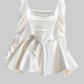 High-end light luxury square neck long-sleeved satin dress 2025 waist A-line dress R1157